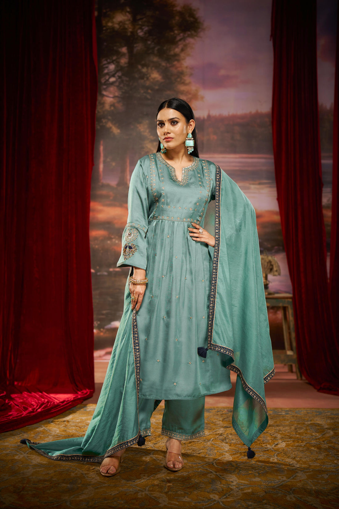 Raajvee Pure Silk Teal A-Line Kurta Set with Cotton Mul Lining, Handcrafted Zari & Resham Thread Embroidery with Sequin and Bugle Bead Embellishments with Dupatta