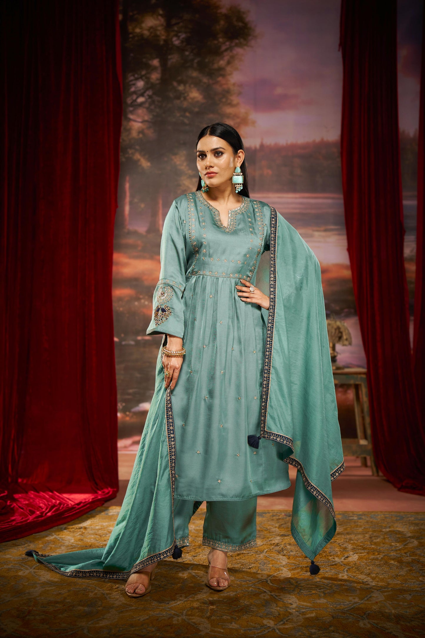 Raajvee Pure Silk Teal A-Line Kurta Set with Cotton Mul Lining, Handcrafted Zari & Resham Thread Embroidery with Sequin and Bugle Bead Embellishments with Dupatta
