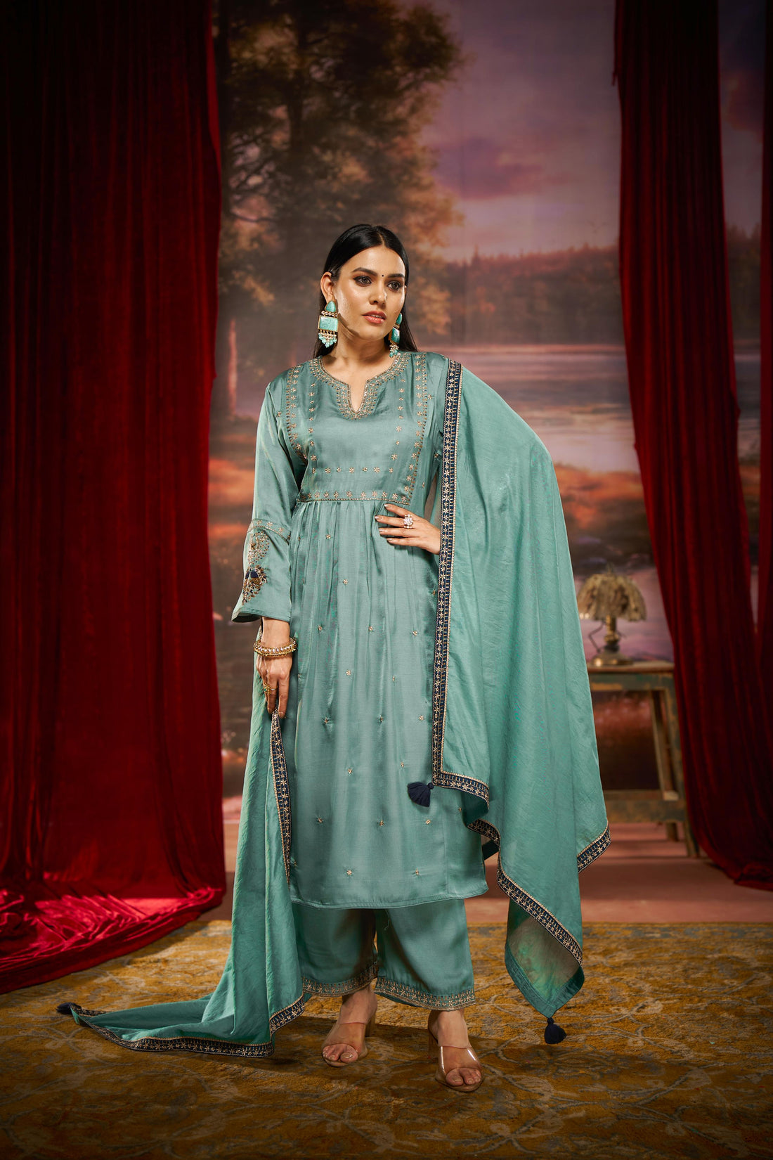 Raajvee Pure Silk Teal A-Line Kurta Set with Cotton Mul Lining, Handcrafted Zari & Resham Thread Embroidery with Sequin and Bugle Bead Embellishments with Dupatta