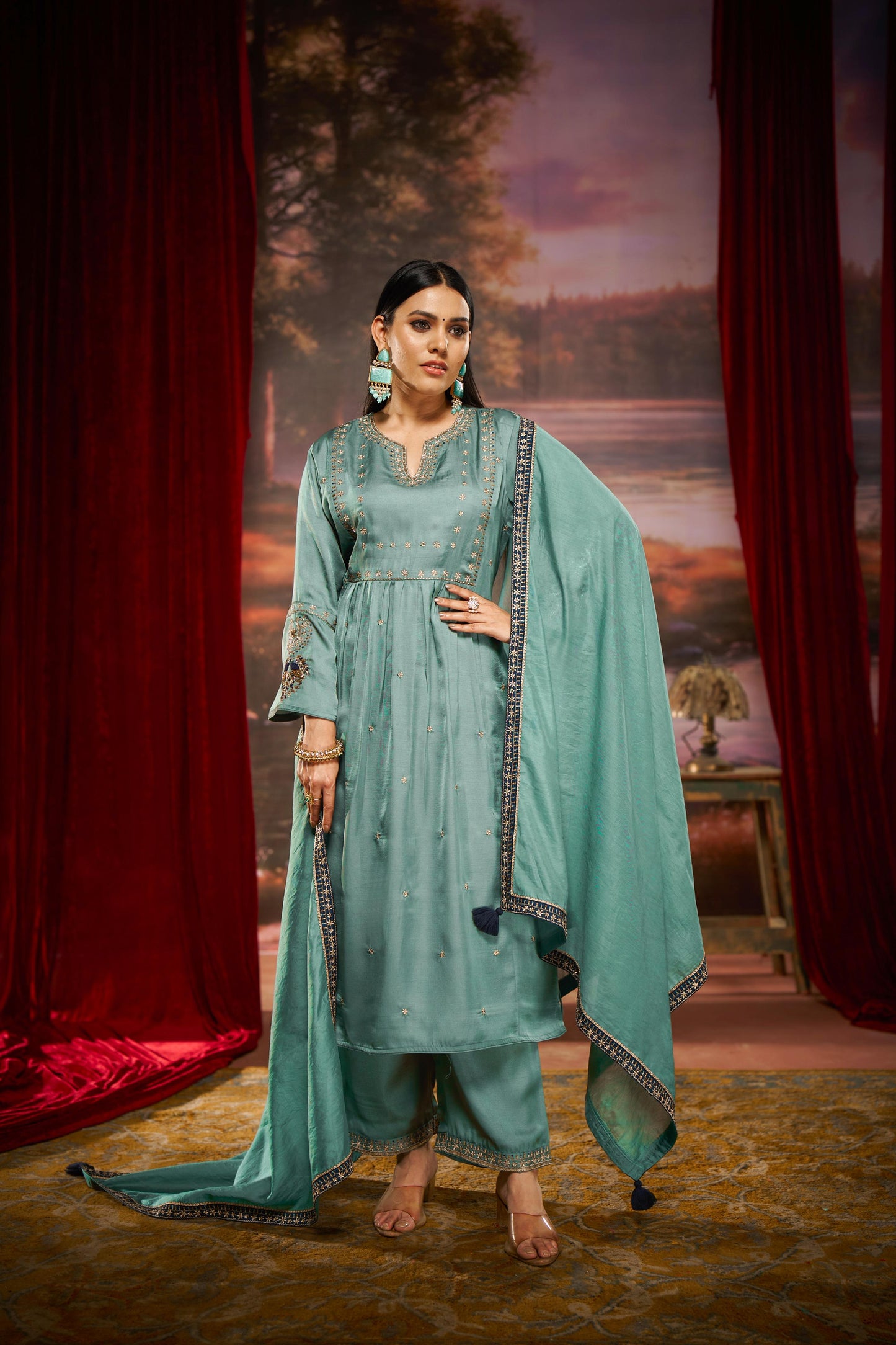 Raajvee Pure Silk Teal A-Line Kurta Set with Cotton Mul Lining, Handcrafted Zari & Resham Thread Embroidery with Sequin and Bugle Bead Embellishments with Dupatta