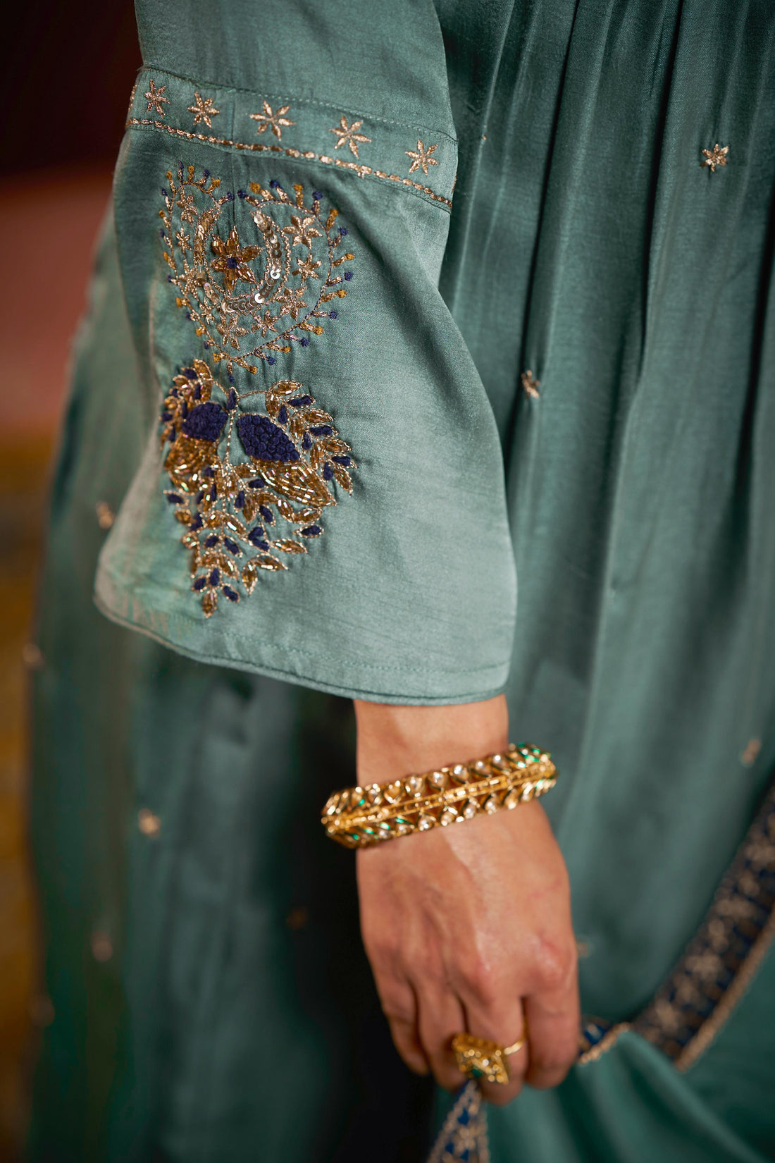 Raajvee Pure Silk Teal A-Line Kurta Set with Cotton Mul Lining, Handcrafted Zari & Resham Thread Embroidery with Sequin and Bugle Bead Embellishments with Dupatta