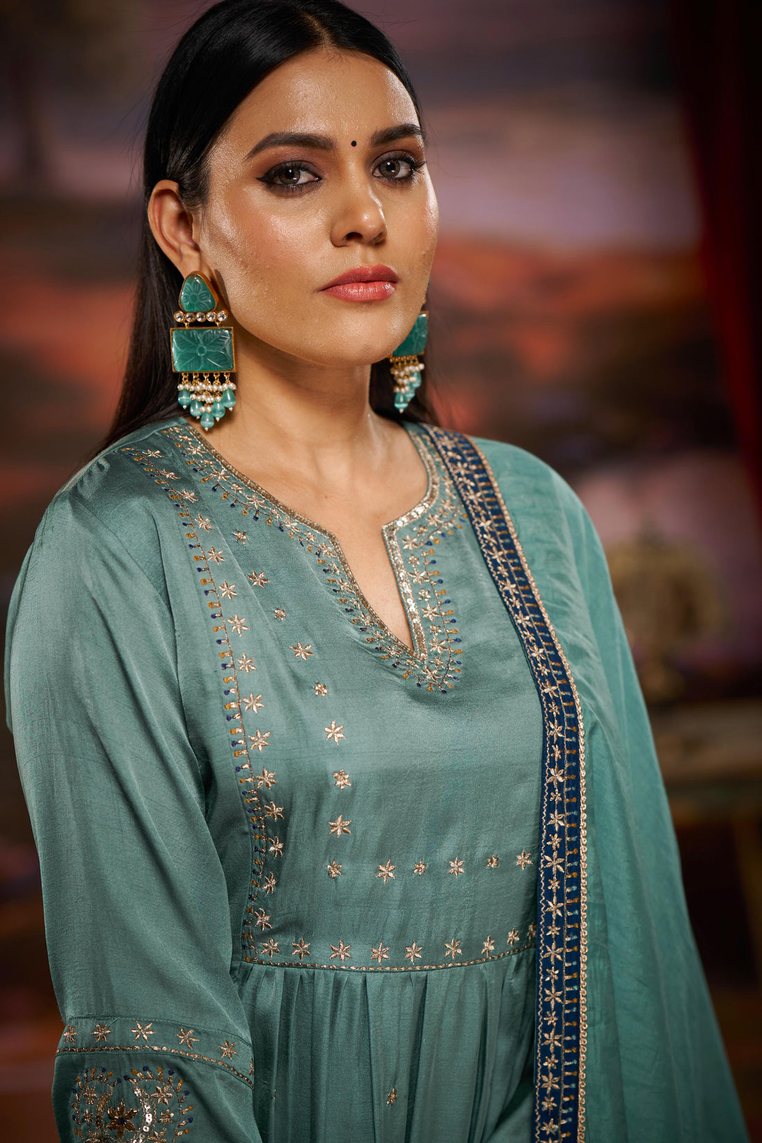 Raajvee Pure Silk Teal A-Line Kurta Set with Cotton Mul Lining, Handcrafted Zari & Resham Thread Embroidery with Sequin and Bugle Bead Embellishments with Dupatta