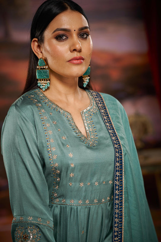 Raajvee Pure Silk Teal A-Line Kurta Set with Cotton Mul Lining, Handcrafted Zari & Resham Thread Embroidery with Sequin and Bugle Bead Embellishments with Dupatta