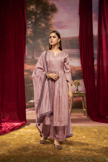 Raajvee Pure Silk Dusty Rose A-Line Kurta Set with Cotton Mul Lining, Handcrafted Zari & Resham Thread Embroidery with Sequin and Bugle Bead Embellishments with Dupatta