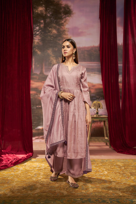Raajvee Pure Silk Dusty Rose A-Line Kurta Set with Cotton Mul Lining, Handcrafted Zari & Resham Thread Embroidery with Sequin and Bugle Bead Embellishments with Dupatta