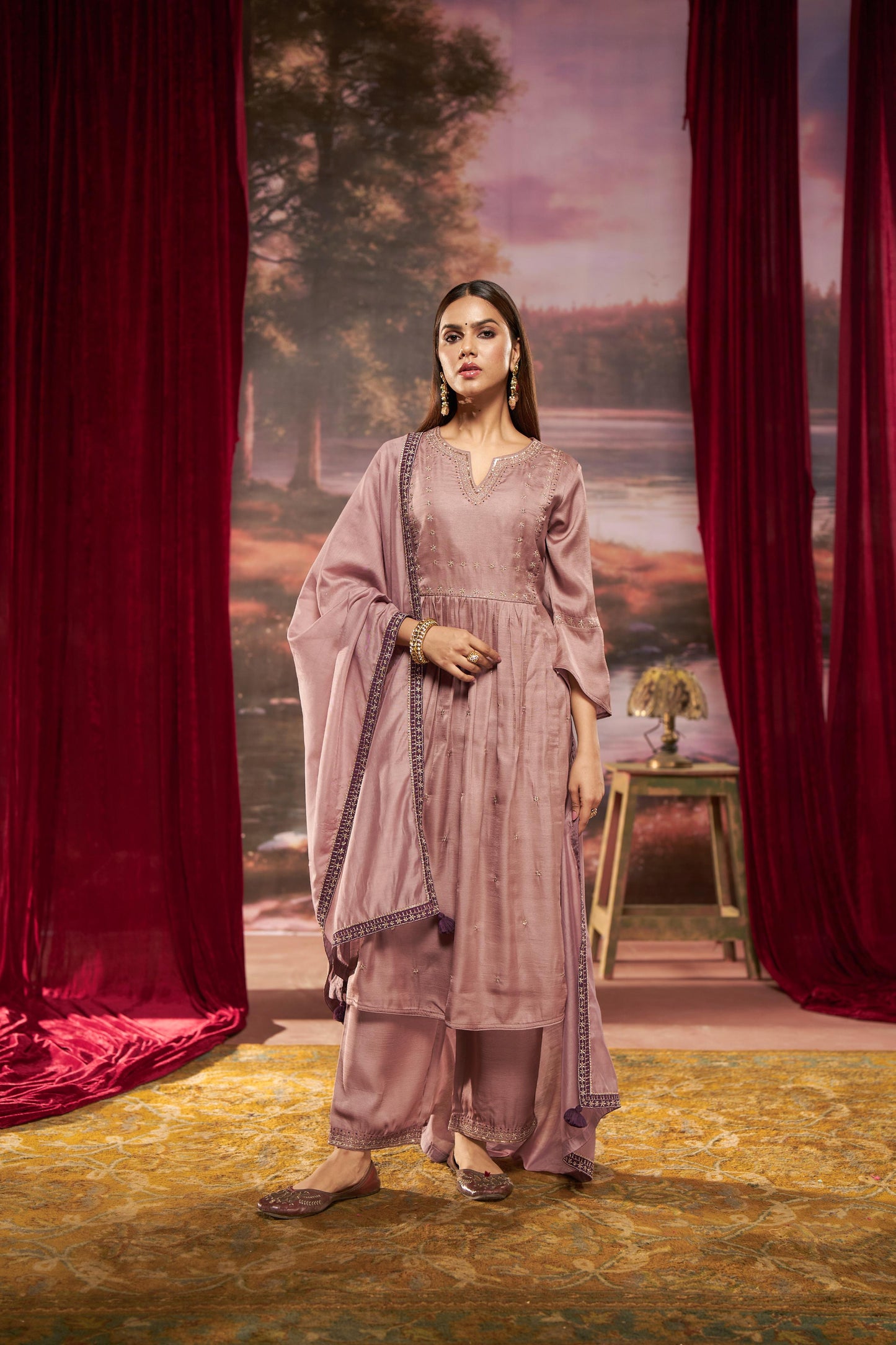 Raajvee Pure Silk Dusty Rose A-Line Kurta Set with Cotton Mul Lining, Handcrafted Zari & Resham Thread Embroidery with Sequin and Bugle Bead Embellishments with Dupatta
