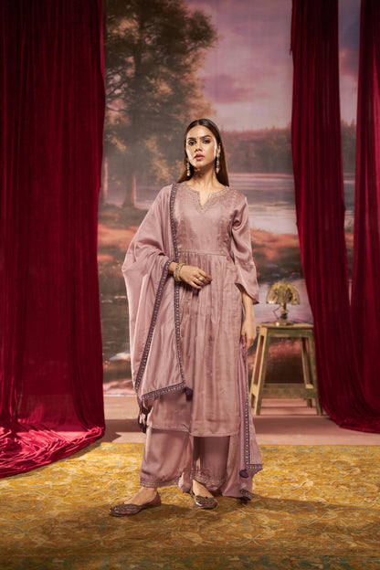 Raajvee Pure Silk Dusty Rose A-Line Kurta Set with Cotton Mul Lining, Handcrafted Zari & Resham Thread Embroidery with Sequin and Bugle Bead Embellishments with Dupatta