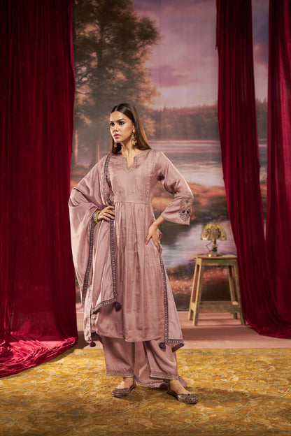 Raajvee Pure Silk Dusty Rose A-Line Kurta Set with Cotton Mul Lining, Handcrafted Zari & Resham Thread Embroidery with Sequin and Bugle Bead Embellishments with Dupatta