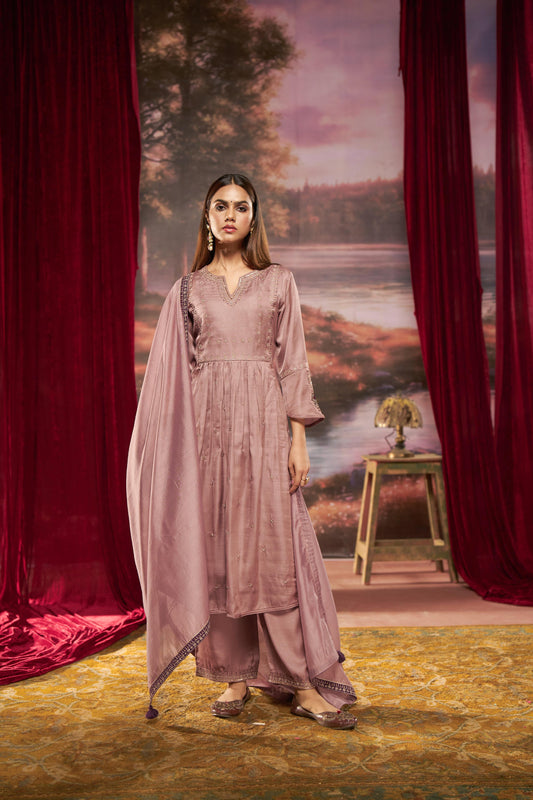 Raajvee Pure Silk Dusty Rose A-Line Kurta Set with Cotton Mul Lining, Handcrafted Zari & Resham Thread Embroidery with Sequin and Bugle Bead Embellishments with Dupatta