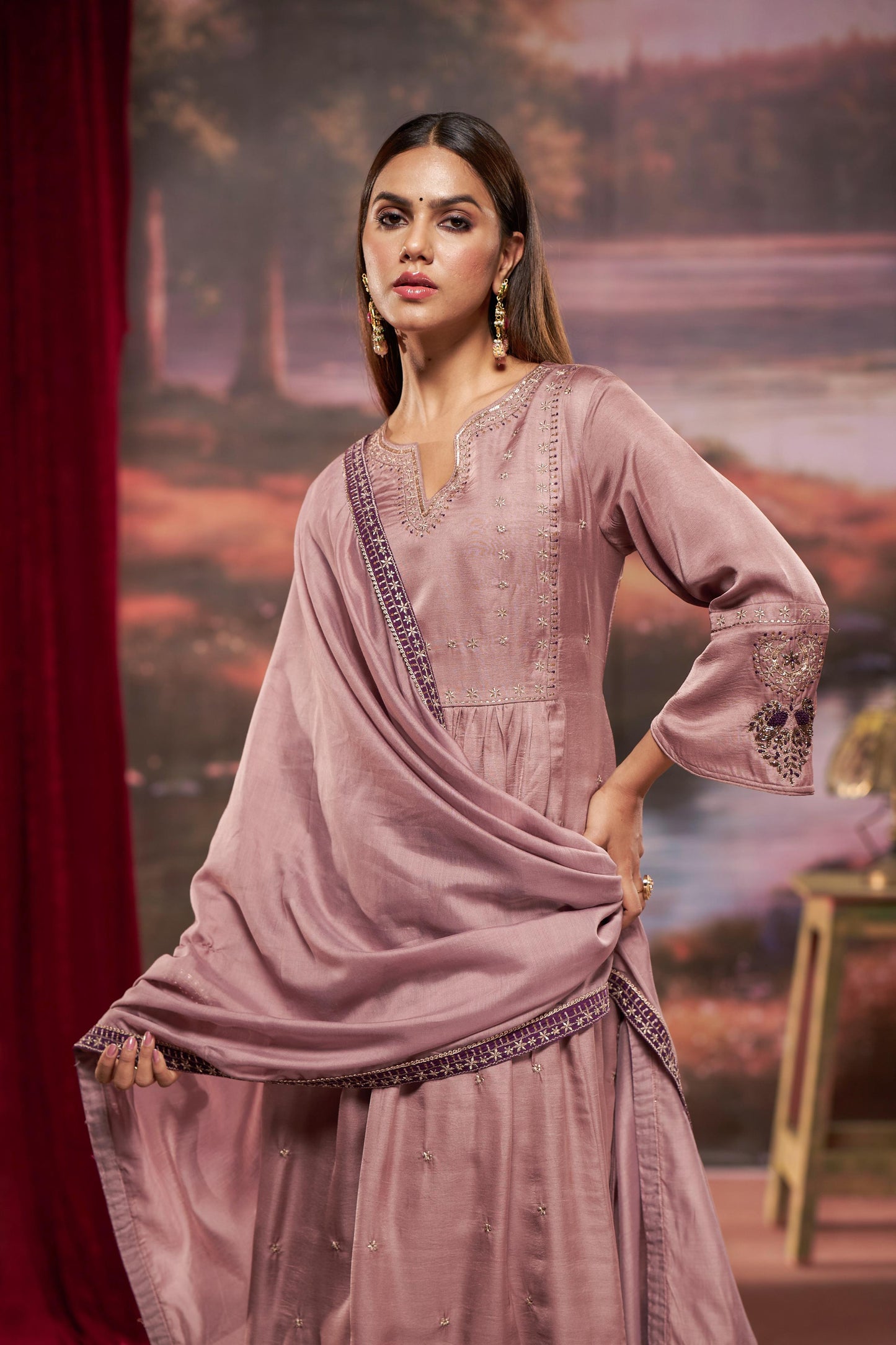 Raajvee Pure Silk Dusty Rose A-Line Kurta Set with Cotton Mul Lining, Handcrafted Zari & Resham Thread Embroidery with Sequin and Bugle Bead Embellishments with Dupatta