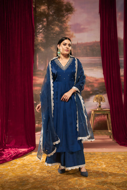 Raajvee Navy Pure Silk Kurta Set with Cotton Mul Lining Featuring Handcrafted Zari, Sequin, Pearl & Glass Bugle Embellished V-Neck with Organza Dupatta