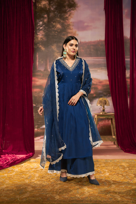 Raajvee Navy Pure Silk Kurta Set with Cotton Mul Lining Featuring Handcrafted Zari, Sequin, Pearl & Glass Bugle Embellished V-Neck with Organza Dupatta