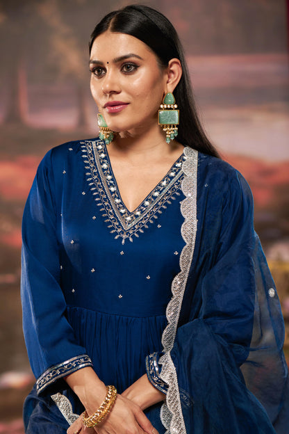 Raajvee Navy Pure Silk Kurta Set with Cotton Mul Lining Featuring Handcrafted Zari, Sequin, Pearl & Glass Bugle Embellished V-Neck with Organza Dupatta