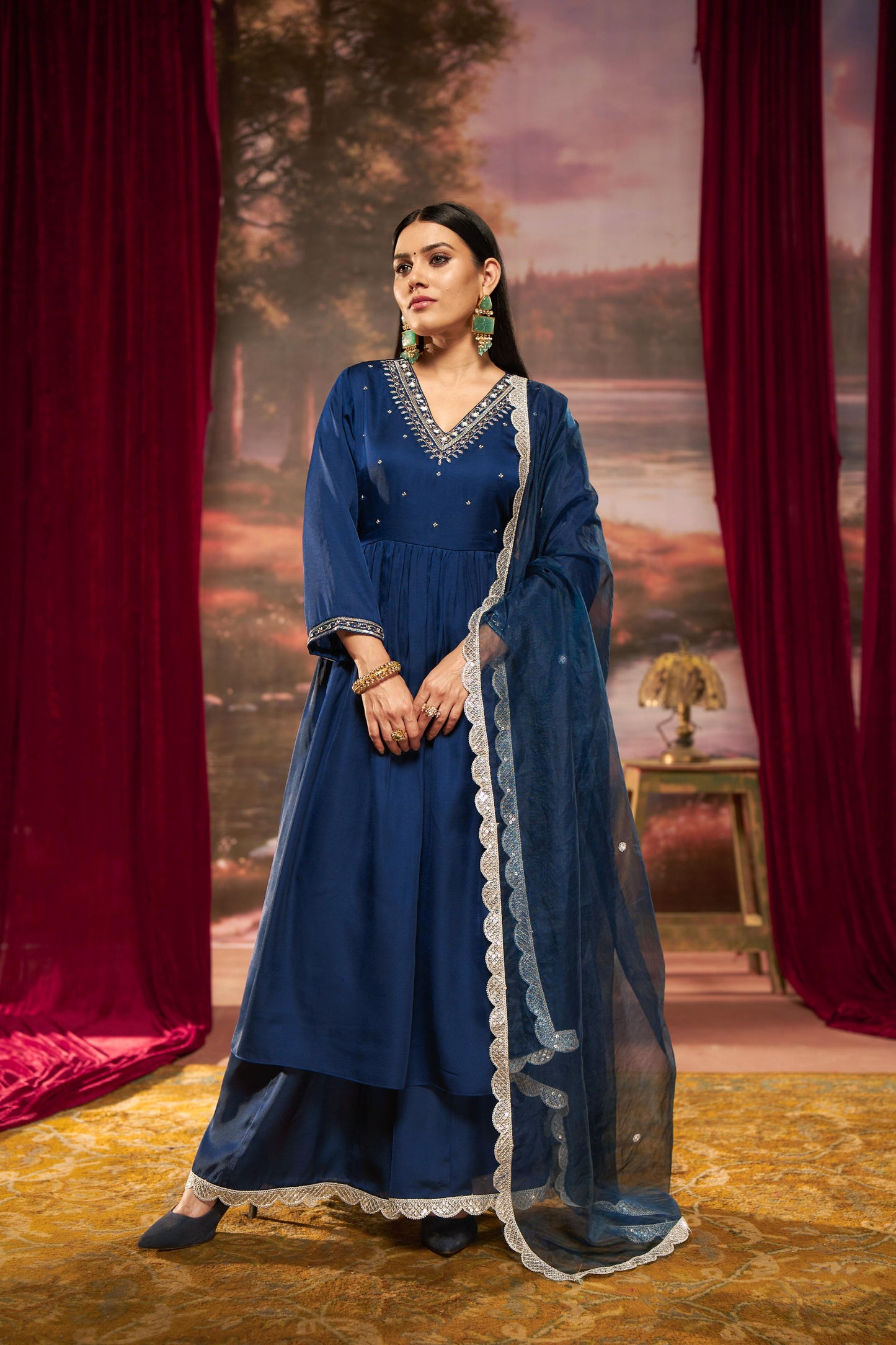 Raajvee Navy Pure Silk Kurta Set with Cotton Mul Lining Featuring Handcrafted Zari, Sequin, Pearl & Glass Bugle Embellished V-Neck with Organza Dupatta