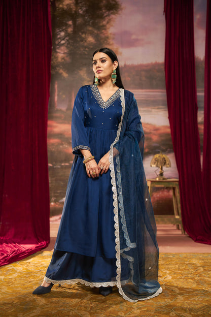 Raajvee Navy Pure Silk Kurta Set with Cotton Mul Lining Featuring Handcrafted Zari, Sequin, Pearl & Glass Bugle Embellished V-Neck with Organza Dupatta
