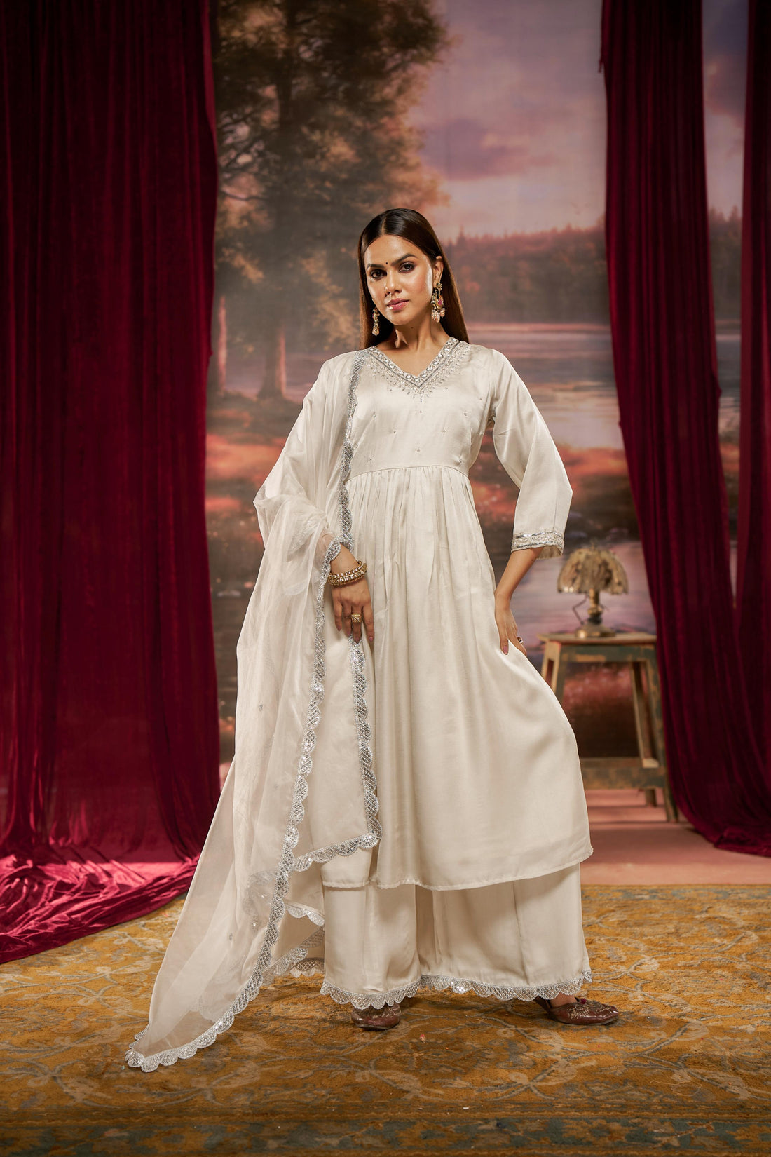 Raajvee Ivory Pure Silk Kurta Set with Cotton Mul Lining Featuring Handcrafted Zari, Sequin, Pearl & Glass Bugle Embellished V-Neck with Organza Dupatta