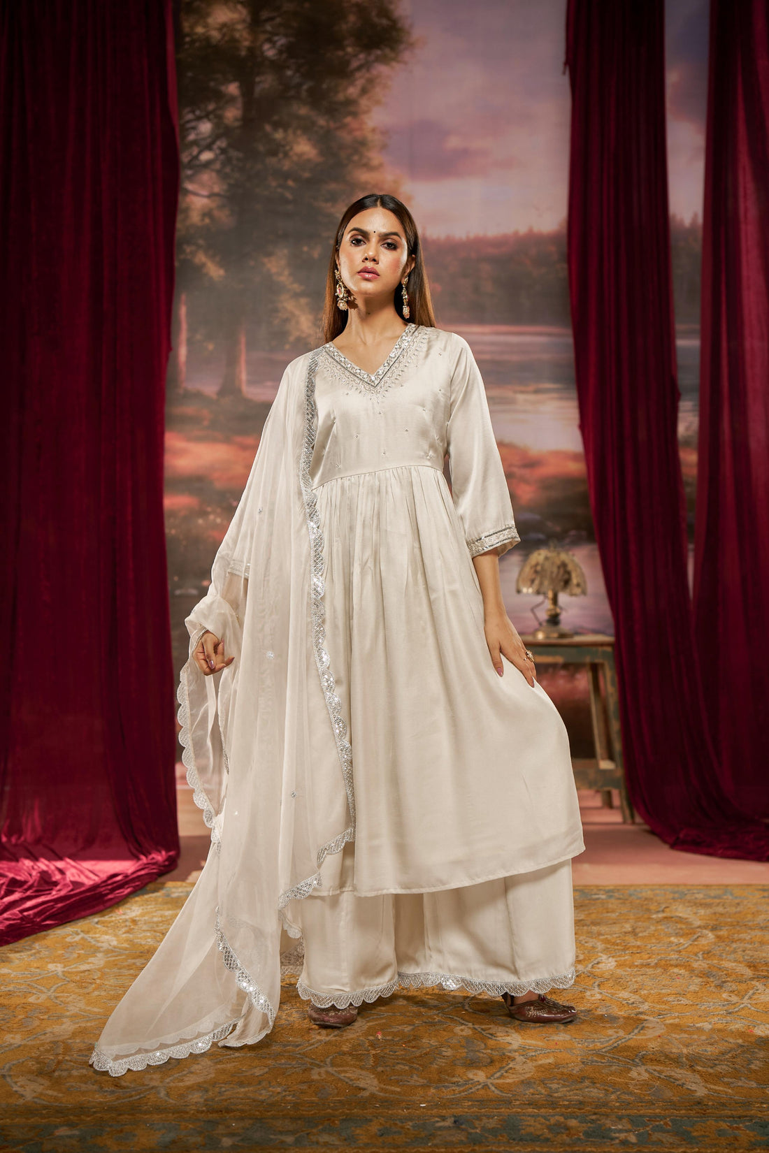 Raajvee Ivory Pure Silk Kurta Set with Cotton Mul Lining Featuring Handcrafted Zari, Sequin, Pearl & Glass Bugle Embellished V-Neck with Organza Dupatta