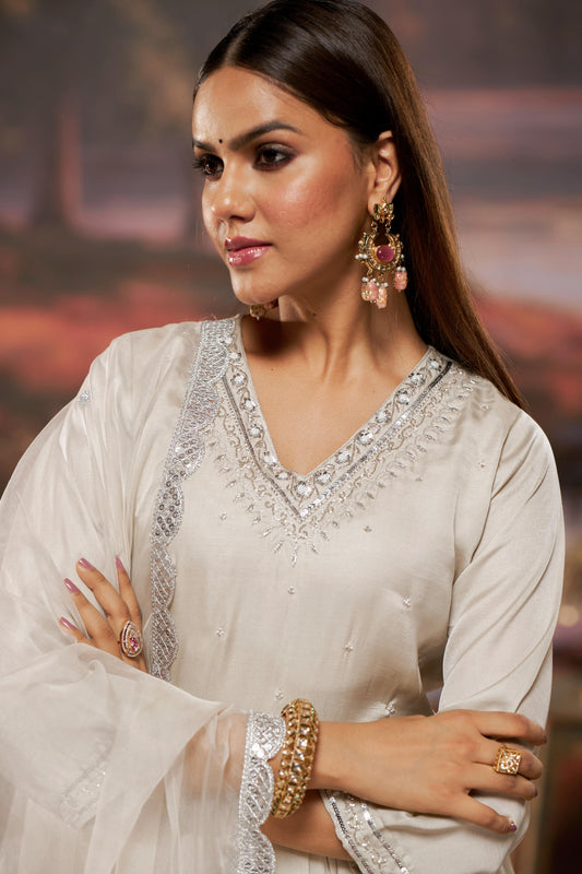 Raajvee Ivory Pure Silk Kurta Set with Cotton Mul Lining Featuring Handcrafted Zari, Sequin, Pearl & Glass Bugle Embellished V-Neck with Organza Dupatta