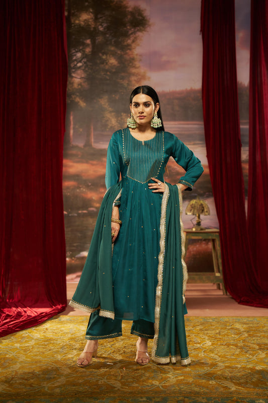 Raajvee Teal Pure Silk A-Line Kurta Set with Cotton Mul Lining Featuring Hand Kantha-Inspired Thread Embroidery, Coin Sequin Accents and Zari Border Dupatta