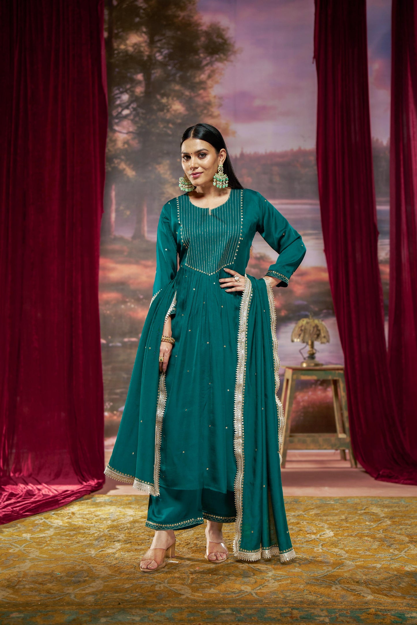 Raajvee Teal Pure Silk A-Line Kurta Set with Cotton Mul Lining Featuring Hand Kantha-Inspired Thread Embroidery, Coin Sequin Accents and Zari Border Dupatta