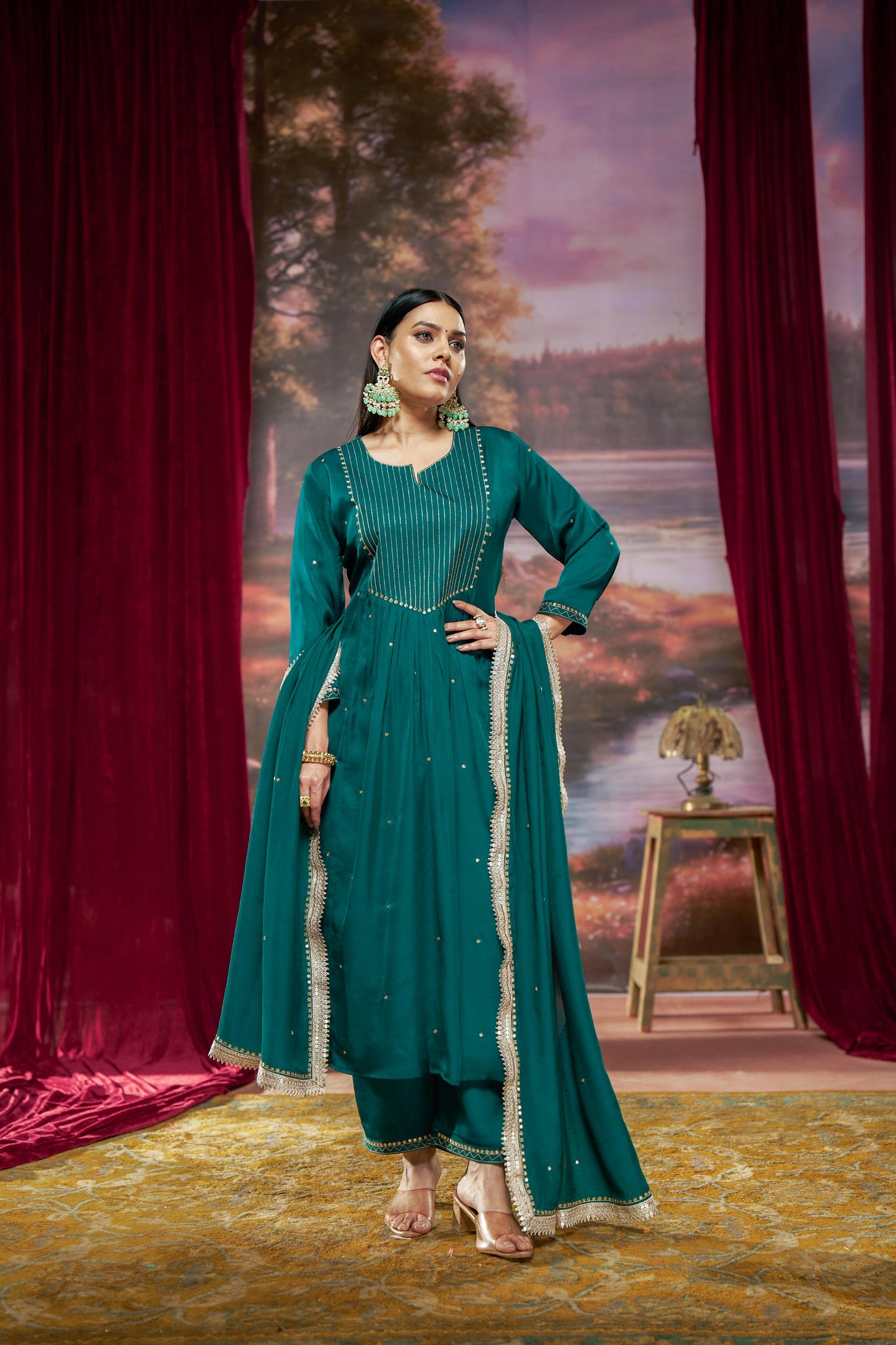 Raajvee Teal Pure Silk A-Line Kurta Set with Cotton Mul Lining Featuring Hand Kantha-Inspired Thread Embroidery, Coin Sequin Accents and Zari Border Dupatta