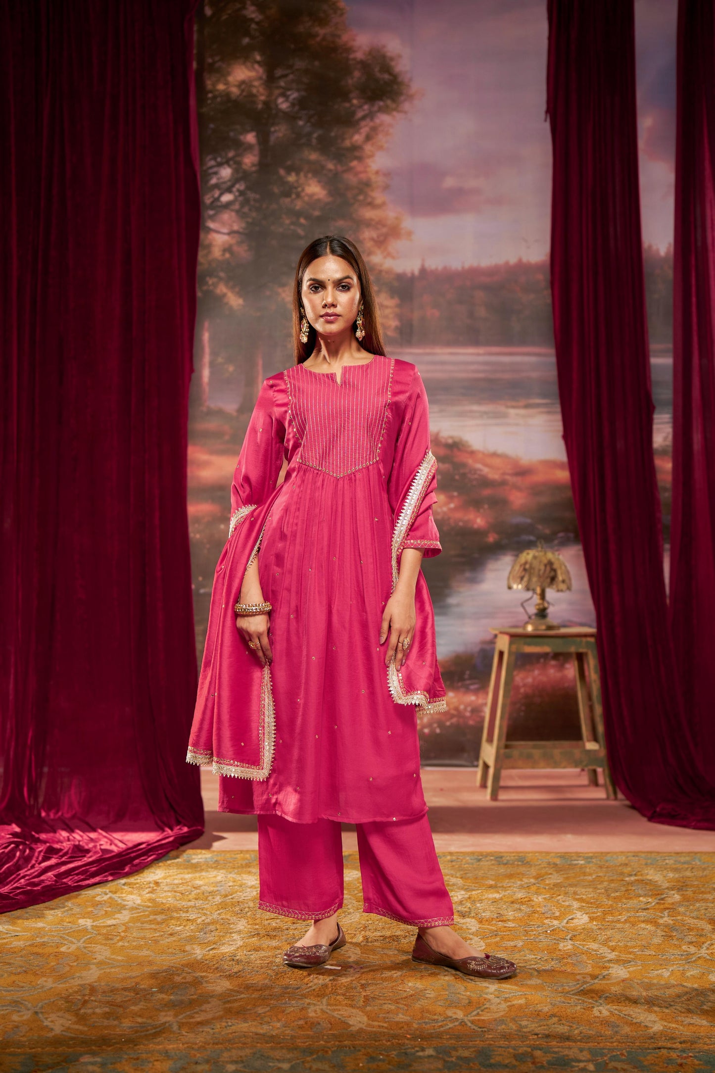 Raajvee Fuchsia Pure Silk A-Line Kurta Set with Cotton Mul Lining Featuring Hand Kantha-Inspired Thread Embroidery, Coin Sequin Accents and Zari Border Dupatta