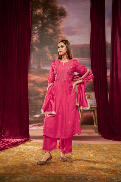 Raajvee Fuchsia Pure Silk A-Line Kurta Set with Cotton Mul Lining Featuring Hand Kantha-Inspired Thread Embroidery, Coin Sequin Accents and Zari Border Dupatta