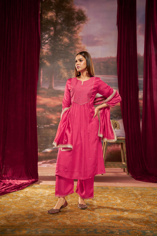 Raajvee Fuchsia Pure Silk A-Line Kurta Set with Cotton Mul Lining Featuring Hand Kantha-Inspired Thread Embroidery, Coin Sequin Accents and Zari Border Dupatta