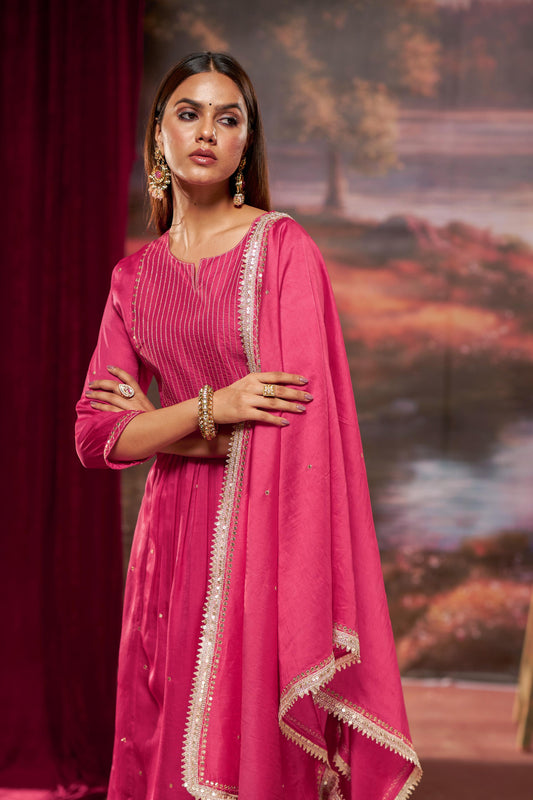 Raajvee Fuchsia Pure Silk A-Line Kurta Set with Cotton Mul Lining Featuring Hand Kantha-Inspired Thread Embroidery, Coin Sequin Accents and Zari Border Dupatta