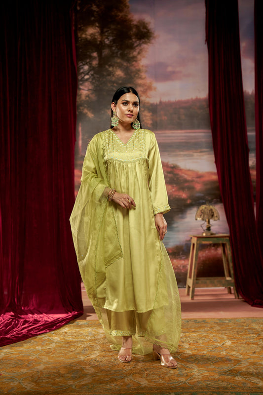 Raajvee Lime Green Pure Silk A-Line Kurta Set with Cotton Mul Lining Featuring Handcrafted Resham Thread Embroidery with Multicolour Sequin and Glass Bugle Embellishments and Coordinated Silk Dupatta
