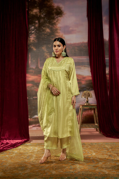 Raajvee Lime Green Pure Silk A-Line Kurta Set with Cotton Mul Lining Featuring Handcrafted Resham Thread Embroidery with Multicolour Sequin and Glass Bugle Embellishments and Coordinated Silk Dupatta
