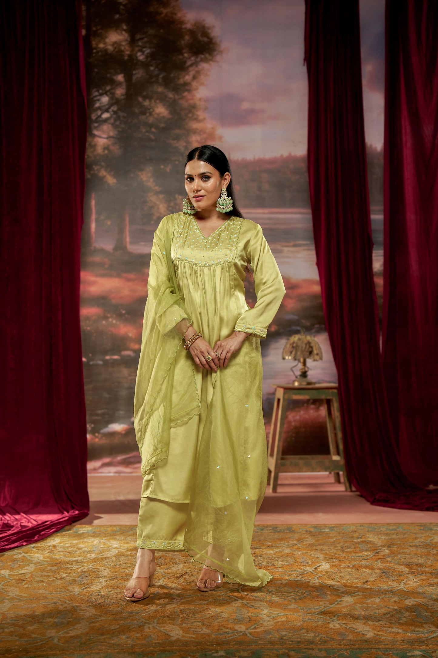 Raajvee Lime Green Pure Silk A-Line Kurta Set with Cotton Mul Lining Featuring Handcrafted Resham Thread Embroidery with Multicolour Sequin and Glass Bugle Embellishments and Coordinated Silk Dupatta