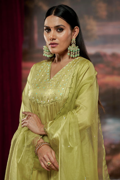 Raajvee Lime Green Pure Silk A-Line Kurta Set with Cotton Mul Lining Featuring Handcrafted Resham Thread Embroidery with Multicolour Sequin and Glass Bugle Embellishments and Coordinated Silk Dupatta