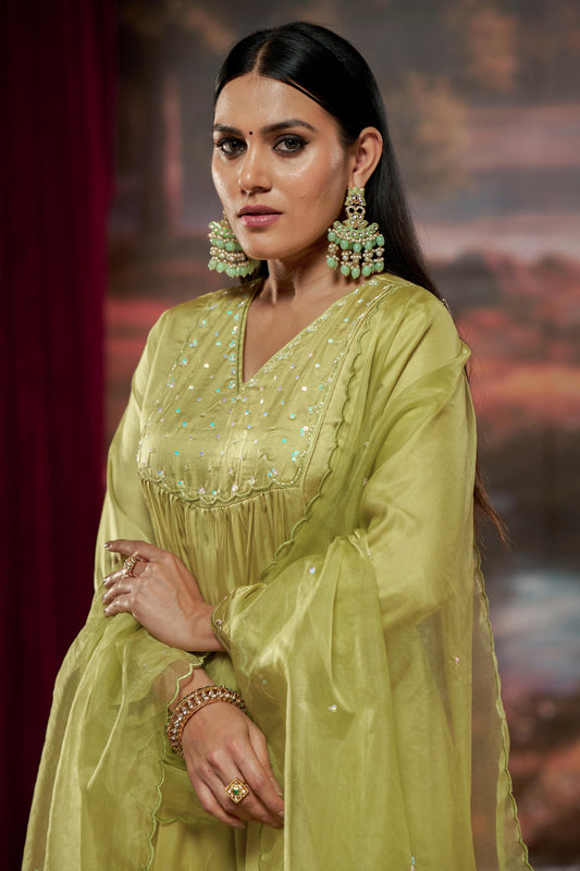 Raajvee Lime Green Pure Silk A-Line Kurta Set with Cotton Mul Lining Featuring Handcrafted Resham Thread Embroidery with Multicolour Sequin and Glass Bugle Embellishments and Coordinated Silk Dupatta