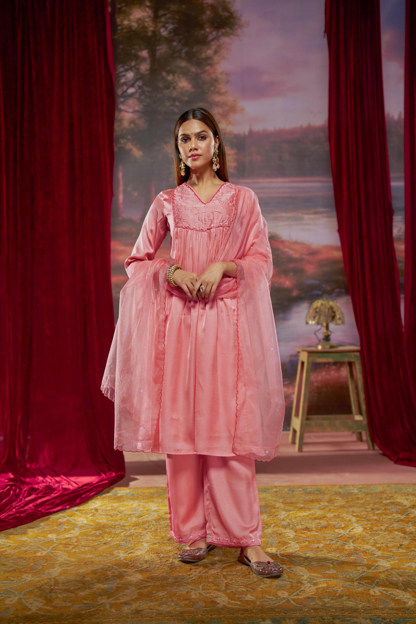 Raajvee Coral Pure Silk A-Line Kurta Set with Cotton Mul Lining Featuring Handcrafted Resham Thread Embroidery with Multicolour Sequin and Glass Bugle Embellishments and Coordinated Silk Dupatta