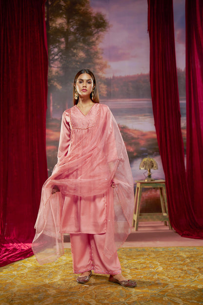 Raajvee Coral Pure Silk A-Line Kurta Set with Cotton Mul Lining Featuring Handcrafted Resham Thread Embroidery with Multicolour Sequin and Glass Bugle Embellishments and Coordinated Silk Dupatta