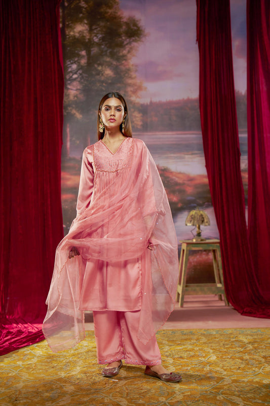 Raajvee Coral Pure Silk A-Line Kurta Set with Cotton Mul Lining Featuring Handcrafted Resham Thread Embroidery with Multicolour Sequin and Glass Bugle Embellishments and Coordinated Silk Dupatta