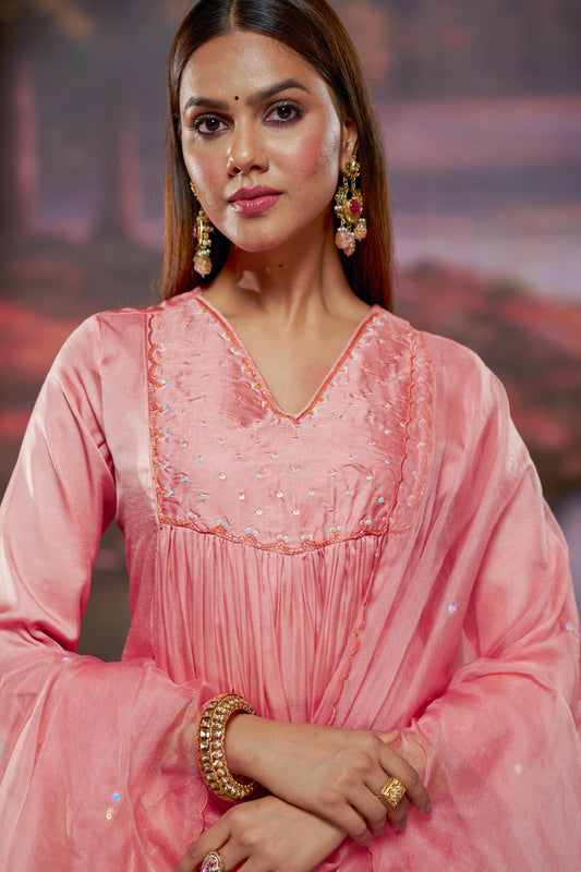 Raajvee Coral Pure Silk A-Line Kurta Set with Cotton Mul Lining Featuring Handcrafted Resham Thread Embroidery with Multicolour Sequin and Glass Bugle Embellishments and Coordinated Silk Dupatta