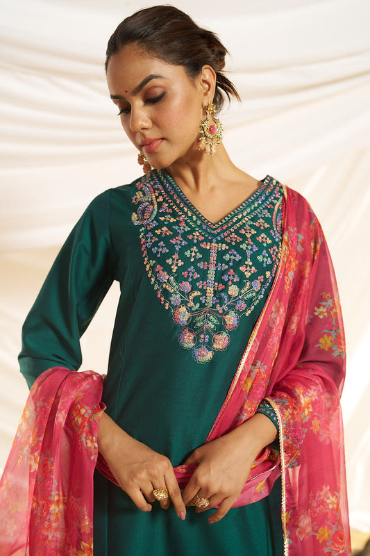 Kayra Green Multicolor Hand Embroidered Straight Fit Suit Set in Chinnon Silk with Pure Cotton Mul Lining