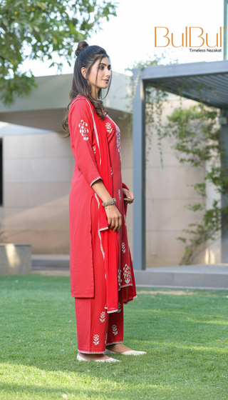 Akshyani Rust Embroidered Viscose Kurta Set with Intricate White Chikankari Style Detailing and Dupatta