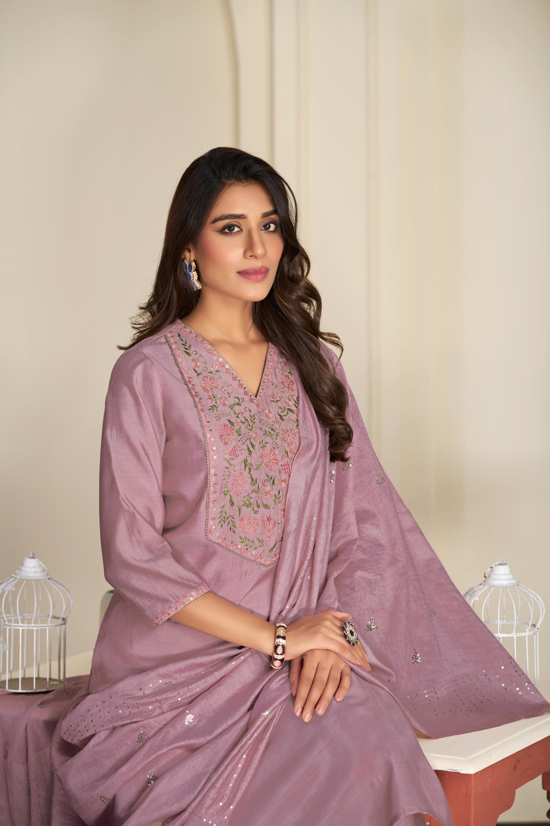 Preksha Mauve Multi-Color Floral Embroidered Kurta Set with Hand Sequin Work & Sequin Dupatta in Chanderi Silk with Cotton Mul Lining