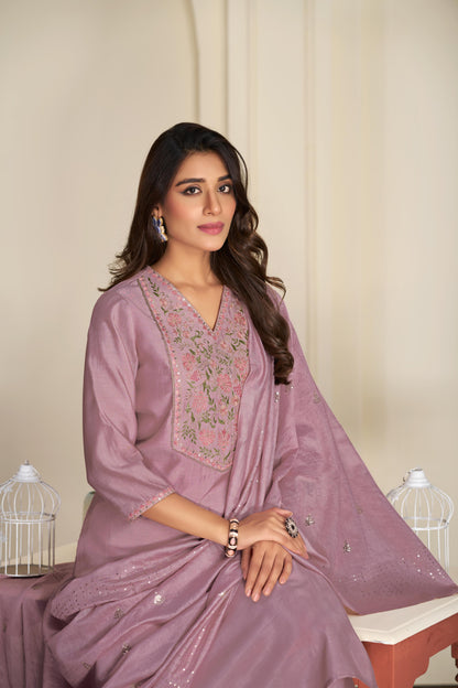 Preksha Mauve Multi-Color Floral Embroidered Kurta Set with Hand Sequin Work & Sequin Dupatta in Chanderi Silk with Cotton Mul Lining
