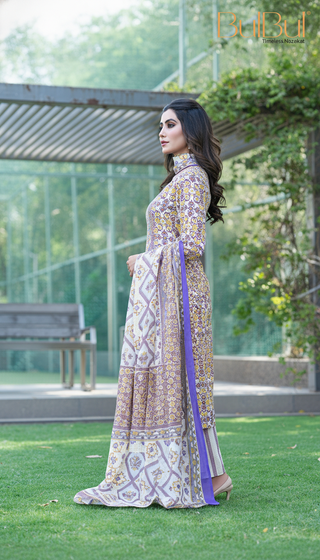 Pure Cotton Mustard Printed Kurta Set with Subtle Sequin Detail & Dupatta