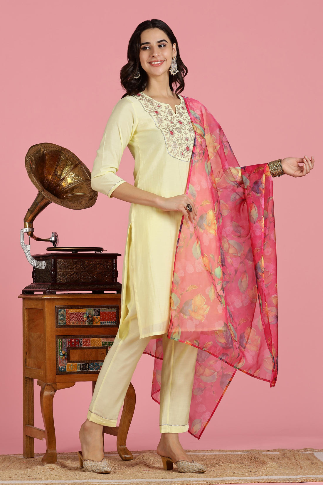 Butter Yellow Chanderi Silk Kurta Set with Resham Zari Floral Embroidered Yoke and Printed Organza Dupatta
