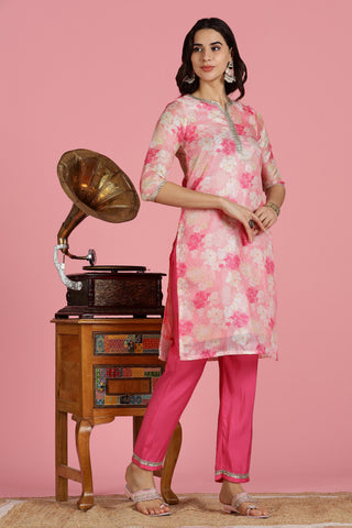 Blush Pink Floral Kota Doriya Kurta Set with Zari & Sequin Hand Embellished Neckline and Cotton Mul Lining
