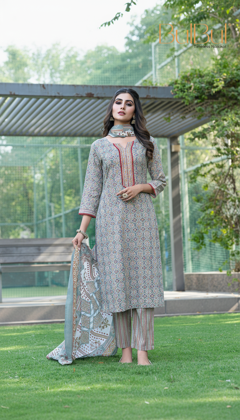 Pure Cotton Fashionista Grey Printed Kurta Set with Thread Embroidery, Mirror & Sequin Detailed Neck Panel and Dupatta