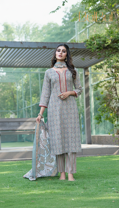 Pure Cotton Fashionista Grey Printed Kurta Set with Thread Embroidery, Mirror & Sequin Detailed Neck Panel and Dupatta