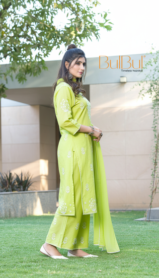 Akshyani Green Embroidered Viscose Kurta Set with Intricate White Chikankari Style Detailing and Dupatta