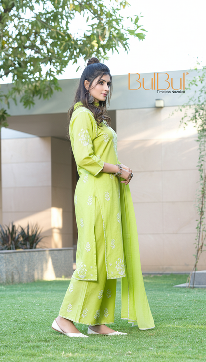 Akshyani Green Embroidered Viscose Kurta Set with Intricate White Chikankari Style Detailing and Dupatta