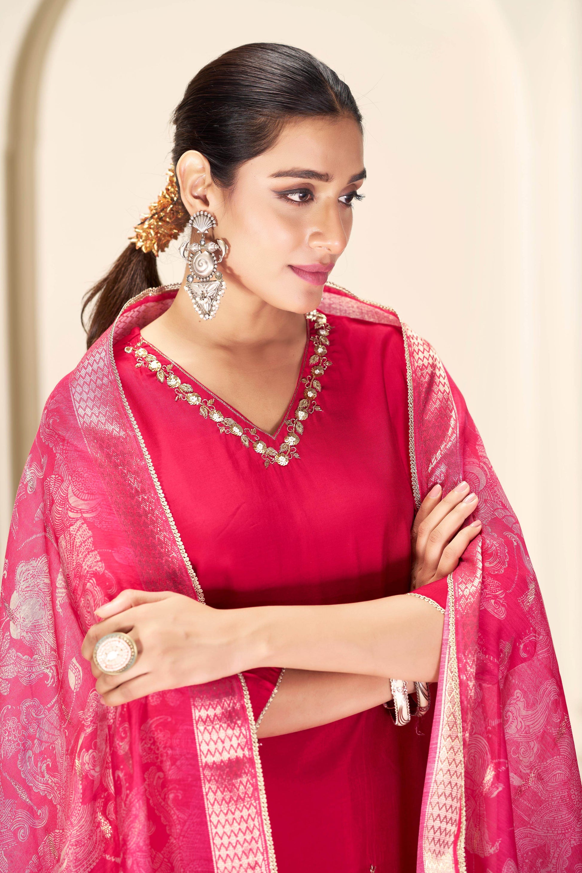 Nirjari Red Silk Kurta Set with Dupatta - BulBul
